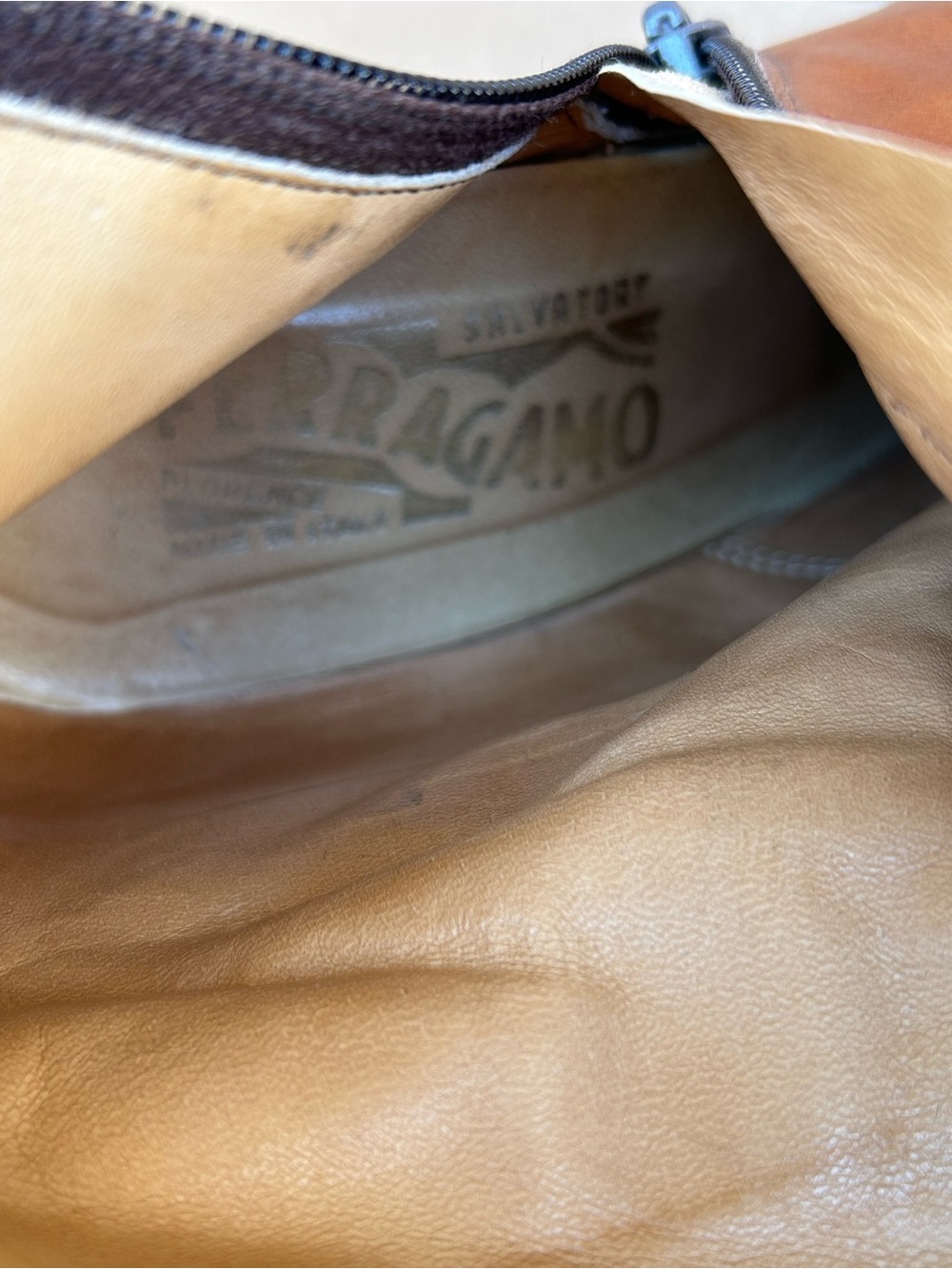 Vintage Ferragamo Leather Heeled Boots 10M Mid Calf Zip Up Classic Gold Upcycled - Picture 6 of 14